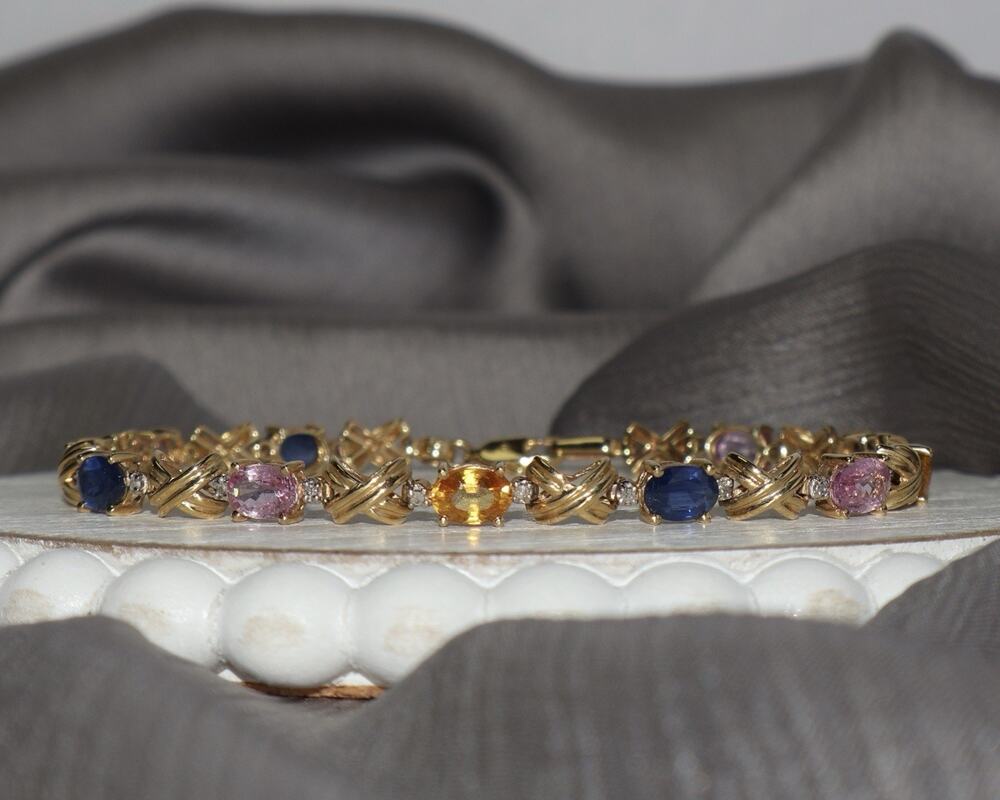 14k Yellow Gold Multi-color Sapphire & Diamond Bracelet 7.56G / 7.5in